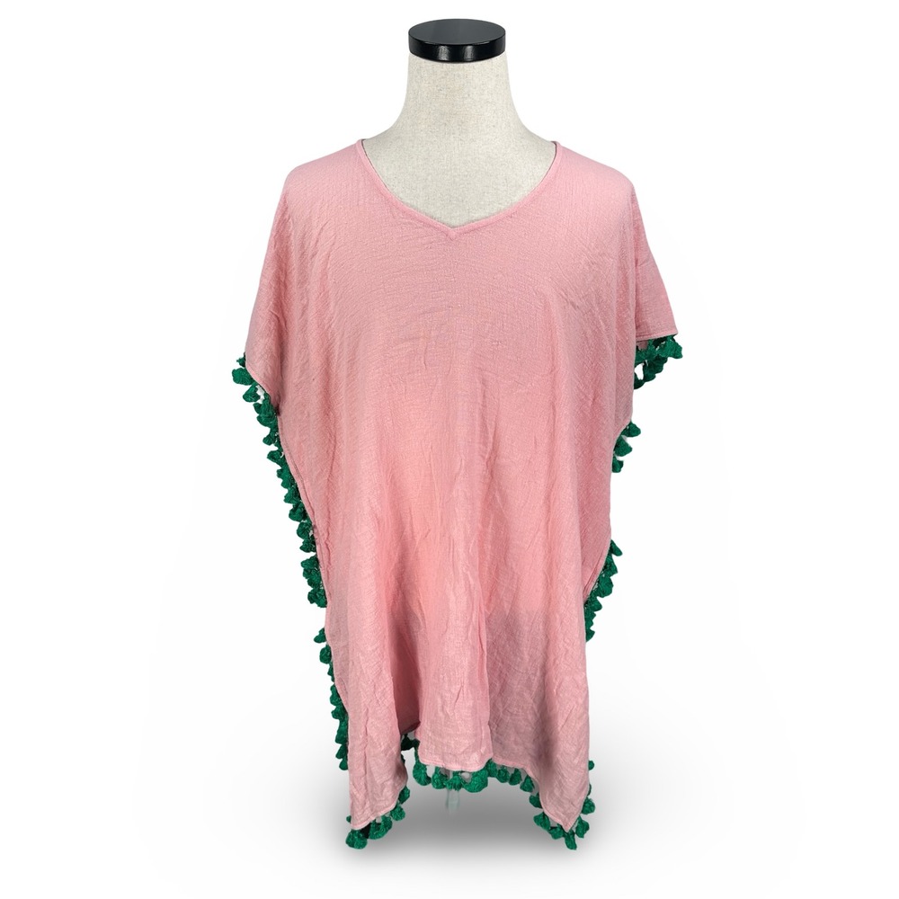Tuckernuck Pink Ramie Pom-Pom Trim Poncho Top V-Neck XL/XXL Y18712T New